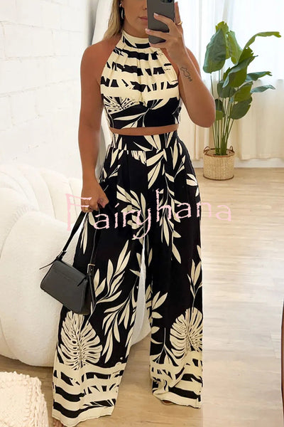 Botanical Print Halterneck Crop Top and Casual High-waist Wide-leg Pants Set