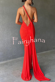 Sexy Backless Pleated Slim Solid Color Sleeveless Elegant Maxi Dress