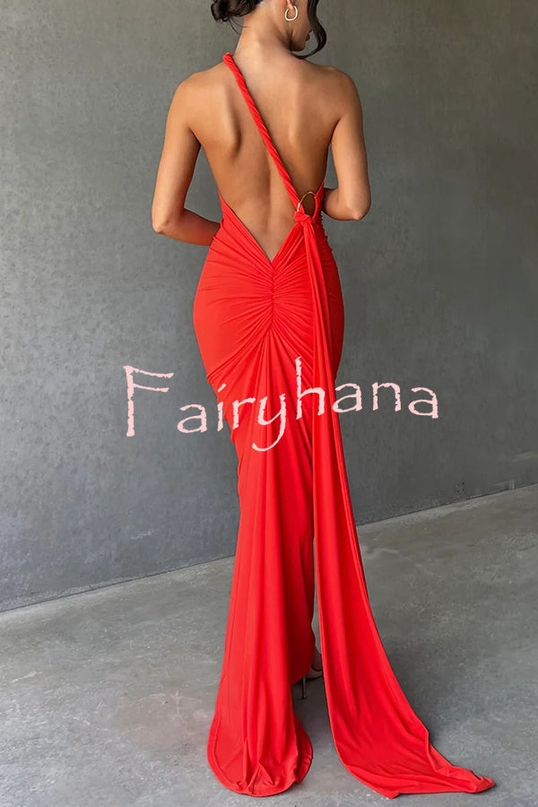 Sexy Backless Pleated Slim Solid Color Sleeveless Elegant Maxi Dress