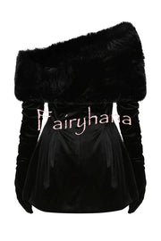 Stylish Velvet Off-shoulder Fitted Mini Dress and Fluffy Shawl, Velvet Gloves Three-piece Set
