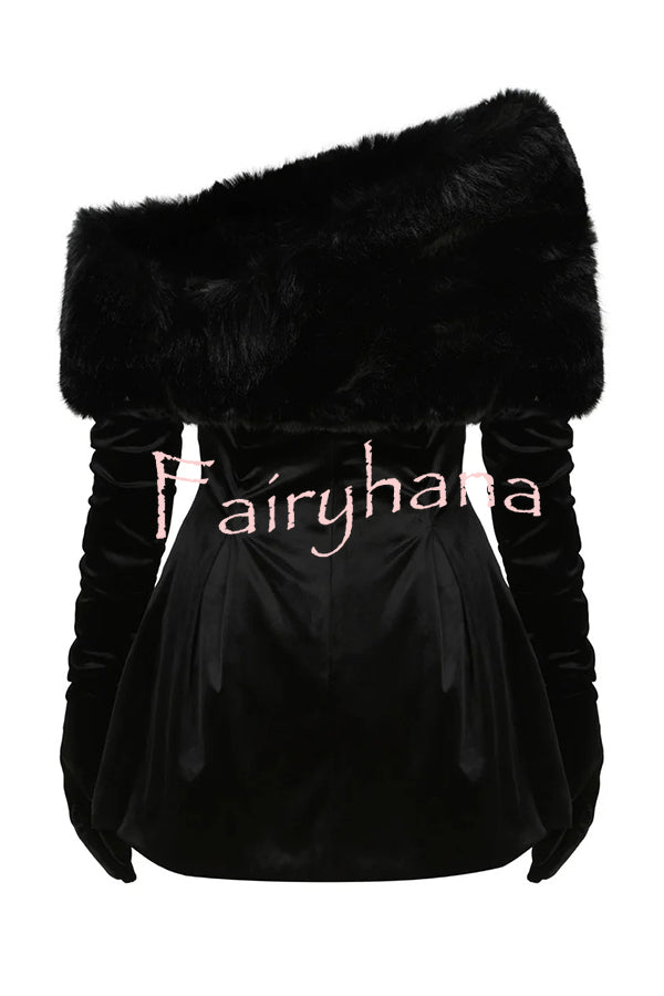 Stylish Velvet Off-shoulder Fitted Mini Dress and Fluffy Shawl, Velvet Gloves Three-piece Set