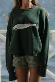 Fashionable Fish Pattern Round Neck Loose Knitted Sweater