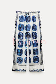 Unique Print Lapel Long Sleeve Shirt and Elastic Waist Wide Leg Pants Set