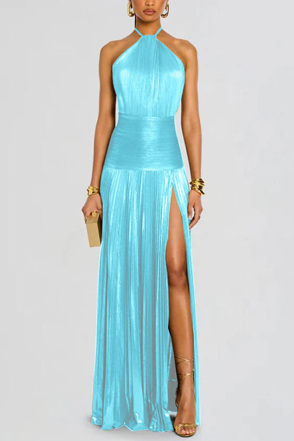 Glamorous Metallic Pleated Fabric Open Back Halter Slit Maxi Dress