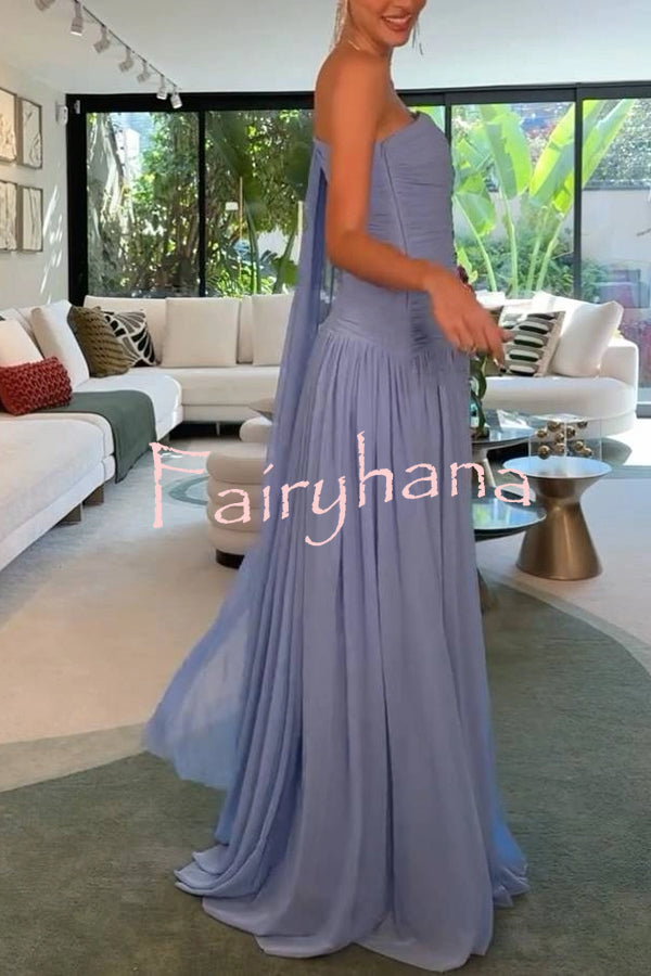 End of Light Chiffon One Shoulder Single-sleeve Shawl Ruched Maxi Dress