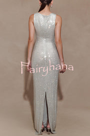 Holiday Nights Sequin Boat Neck Sleeveless Slit Maxi Dress