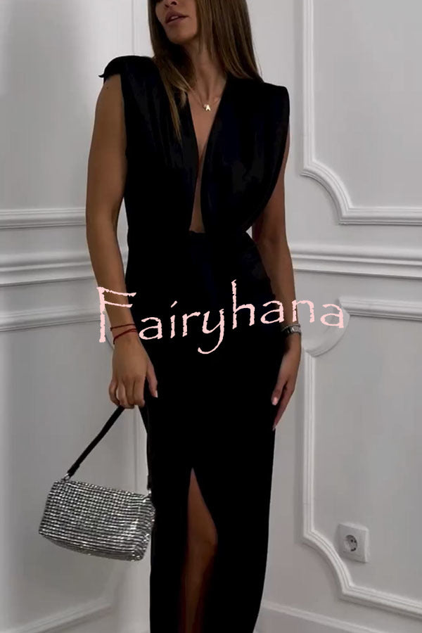 Classic and Sexy Dates V-neck Ruched Drape Slit Midi Dress