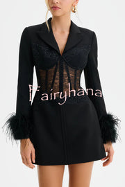 GIA Lace Corset Waist Feather Sleeve Structured Lapel Blazer Mini Dress