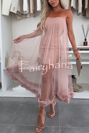 Fairytale Charm Tulle Off Shoulder Ruffles Trim A-line Midi Dress