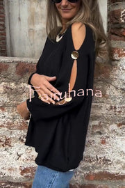 Solid Color Round Neck Hollow Long Sleeve Loose Knitted Sweater