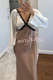 Lainei Contrast Color Satin Lace Trim V-neck Long Sleeve Maxi Dress