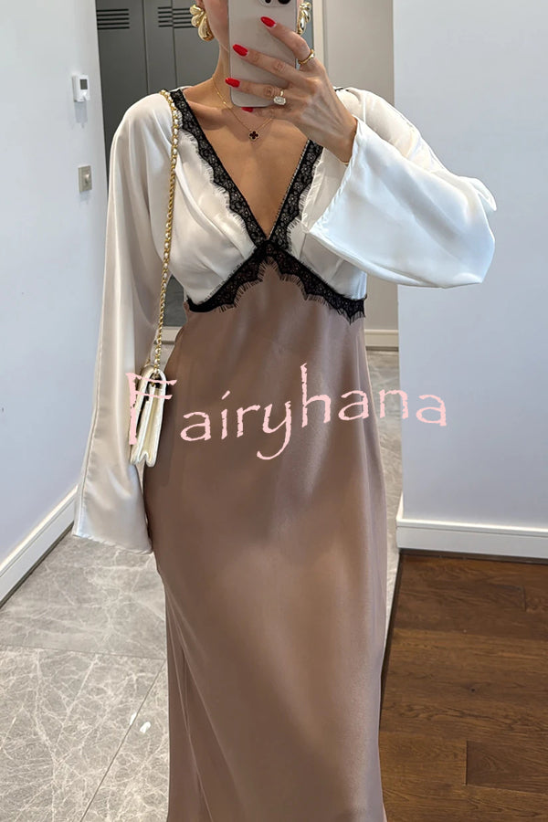 Lainei Contrast Color Satin Lace Trim V-neck Long Sleeve Maxi Dress
