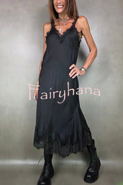 Fashionable V-neck Suspender Lace Splicing Casual Midi Dress