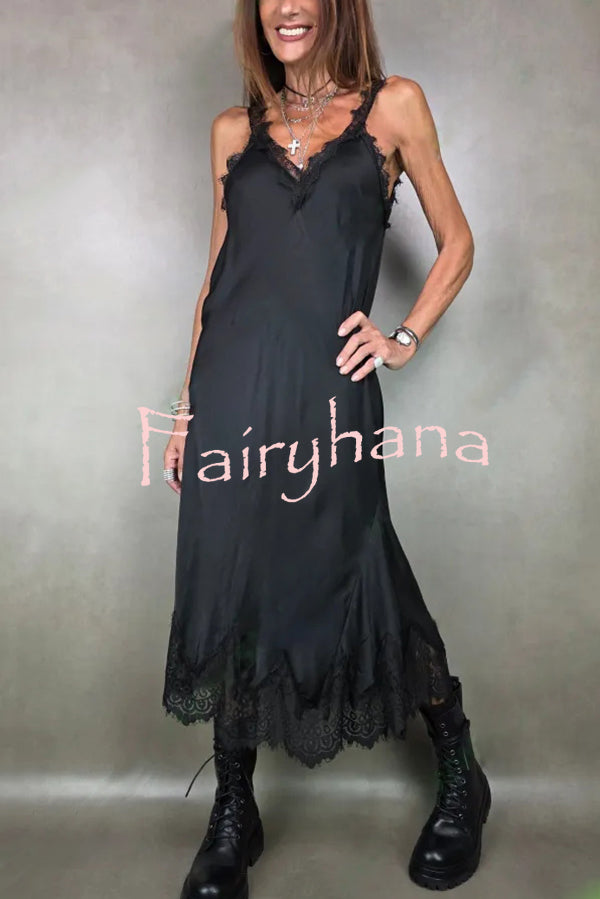 Fashionable V-neck Suspender Lace Splicing Casual Midi Dress