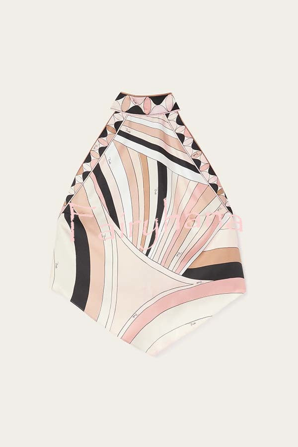 Anzio Satin Unique Print Halter Tie-up Tank and Irregular Hem Mini Skirt Set