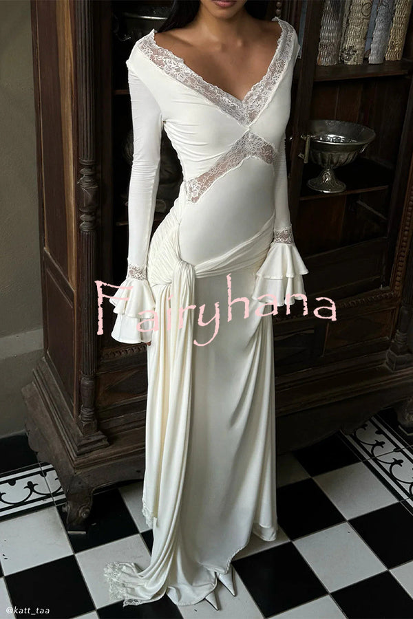 Fashion Lace Splicing Sexy V-neck Long-sleeved Slim Maxi Dress