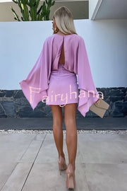 Beautiful Wings Satin Butterfly Sleeves Elastic Waist Formal Mini Dress