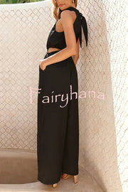 Solid Color Resort Style Halter Neck Waist Pocket Wide Leg Jumpsuit