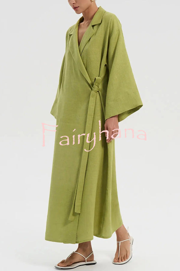 Linen Blend Solid Color Casual Lapel Tie Loose Maxi Dress