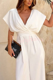 Solid Color V-neck Waist Casual Wide-leg Jumpsuit