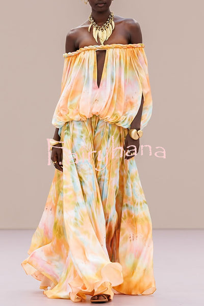 Gorgeous 70s Dream Tie-dye Print Off Shoulder Braid Cutout Detail Drape Maxi Dress
