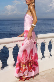Floral Print Sexy Strapless Backless Holiday Maxi Dress