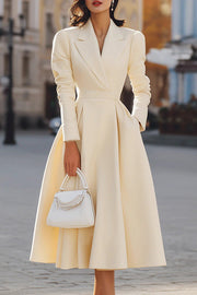 Solid Color Lapel Long Sleeve Waist Pocket Midi Dress