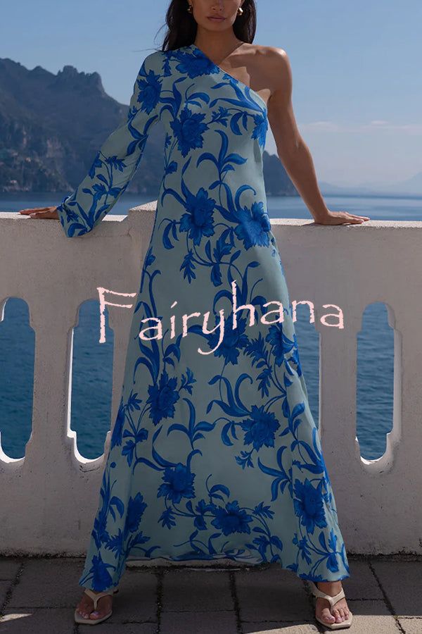 Satin Botanical Print One-Sleeve Resort Maxi Dress