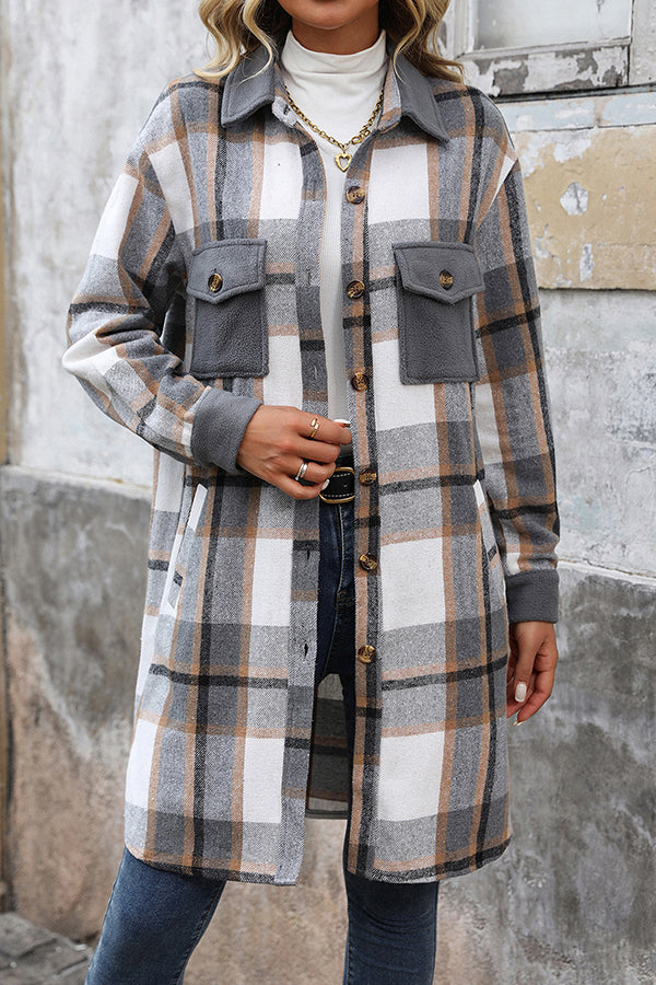 Retro Plaid Casual Long-sleeved Pocket Mid-length Coat