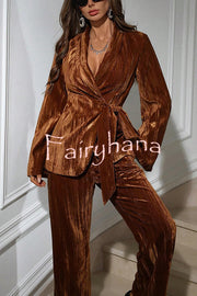 Solid Color Velvet Pleated Long-sleeved Tie Top and Casual Pocket Straight-leg Pants Set