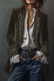 Gold Velvet Patchwork Printed Edge Long-sleeved Casual Jacket