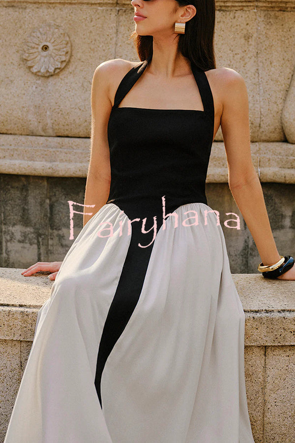 Fashion Contrast Color Stitching Sleeveless Backless Slim Maxi Dress