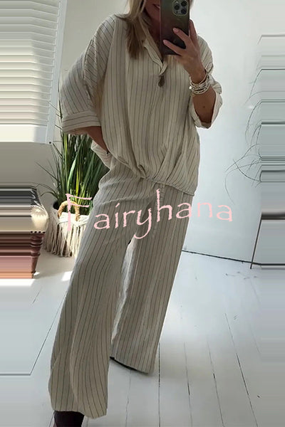 Fashion Striped Print Lapel Loose Top and Elastic Waist Casual Wide-leg Pants Set