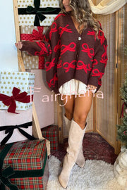 Santa Baby Knit Bow Color Block Button Up Long Sleeve Oversized Fit Cardigan