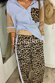Leopard Print Patchwork Long-sleeved Loose Shirt and Elastic Waist Casual Pocket Wide-leg Pants Set
