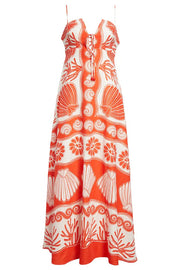 Beautiful Shell Unique Print Front Lace-up Loose  Maxi Dress
