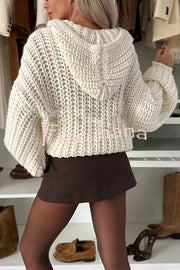 Warm Day Knit Button Up Long Balloon Sleeve Hooded Loose Cardigan
