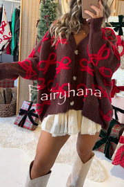 Santa Baby Knit Bow Color Block Button Up Long Sleeve Oversized Fit Cardigan