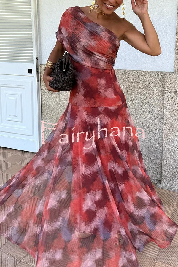 Unique Printed Off-the-shoulder Waisted Holiday Maxi Dress