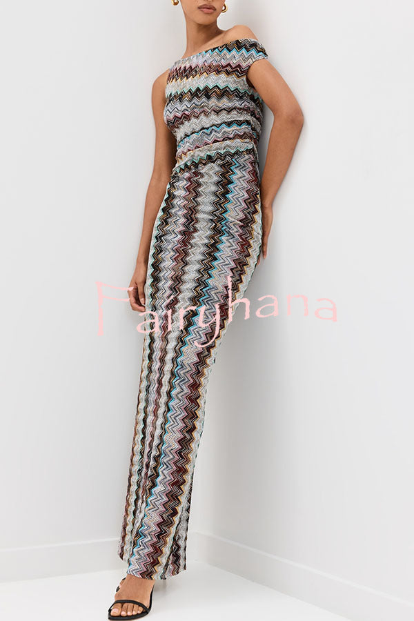 Cocktails and Vacation Knit Colorful Zigzag Pattern One Shoulder Slit Maxi Dress
