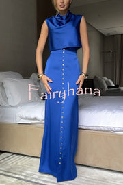 Solid Color Casual Sleeveless Crop Top and Elegant Button-down Maxi Skirt Set