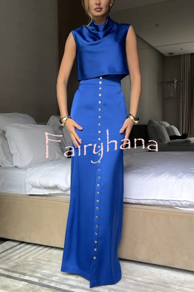 Solid Color Casual Sleeveless Crop Top and Elegant Button-down Maxi Skirt Set