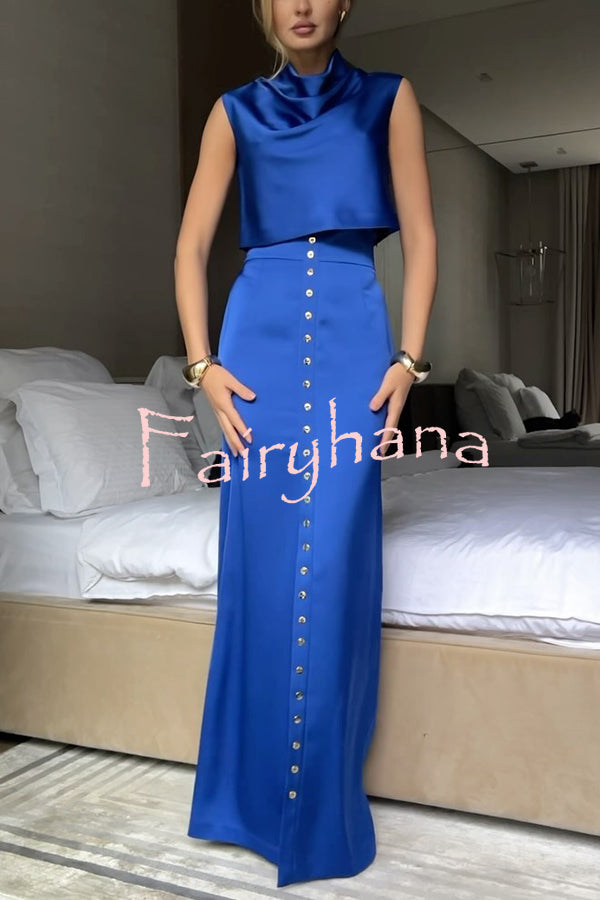 Solid Color Casual Sleeveless Crop Top and Elegant Button-down Maxi Skirt Set