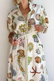 Beach Shell Print Puff Sleeve Tie-Waist Casual Midi Dress