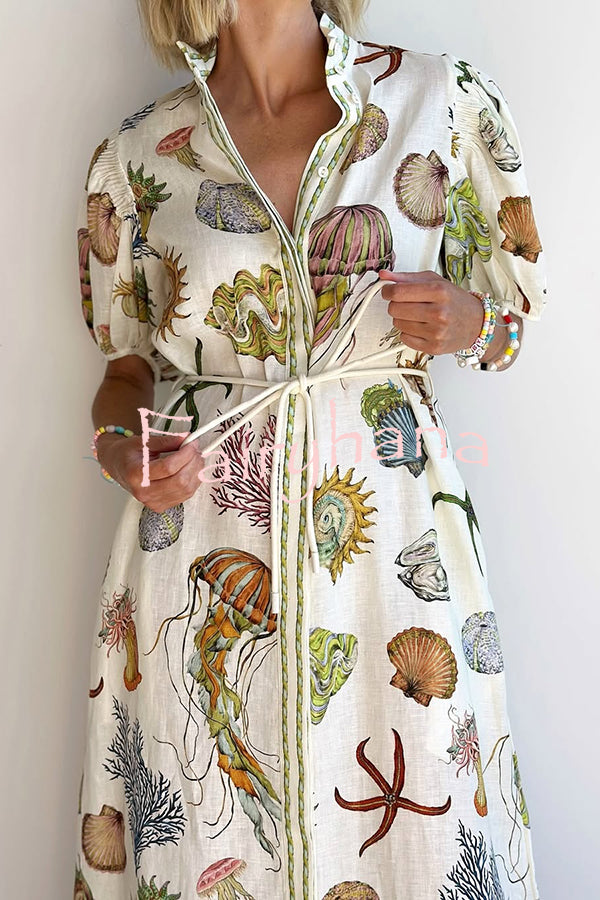 Beach Shell Print Puff Sleeve Tie-Waist Casual Midi Dress