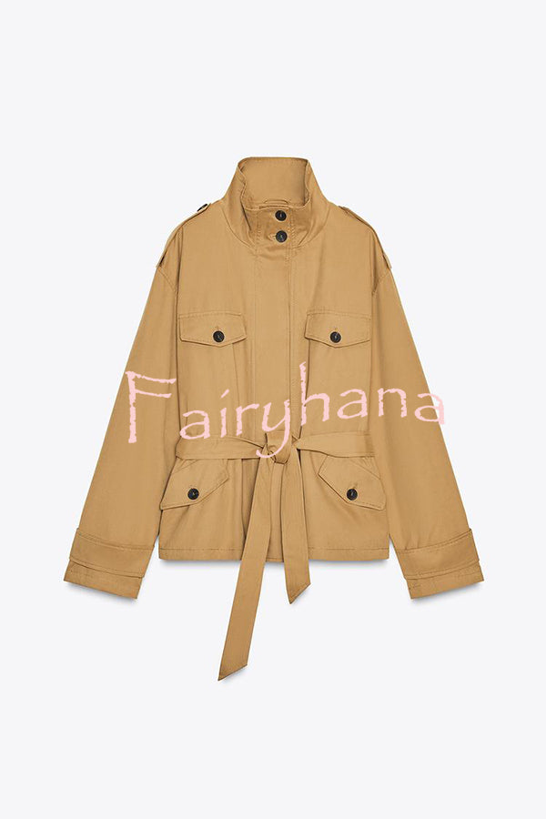 Chic Comfort Epaulettes Contrast Buttons Pocket Belt Cropped Trench Coat