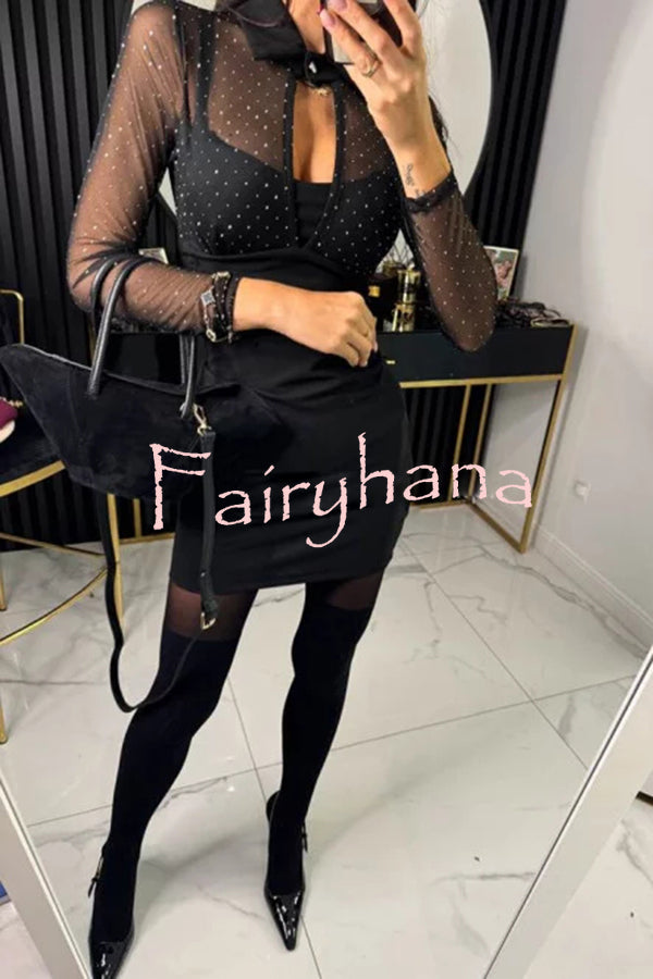 Stevie Mesh Glitter Fabric Cutout Shirt Neck Long Sleeve Stretch Mini Dress