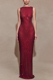 Holiday Nights Sequin Boat Neck Sleeveless Slit Maxi Dress