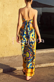 Ethnic Style Unique Print Tube Top and Elastic Waist Casual Pocket Wide Leg Pants Set