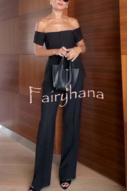 Solid Color Off-the-shoulder Single-breasted Top and Casual Pocket Straight-leg Pants Set